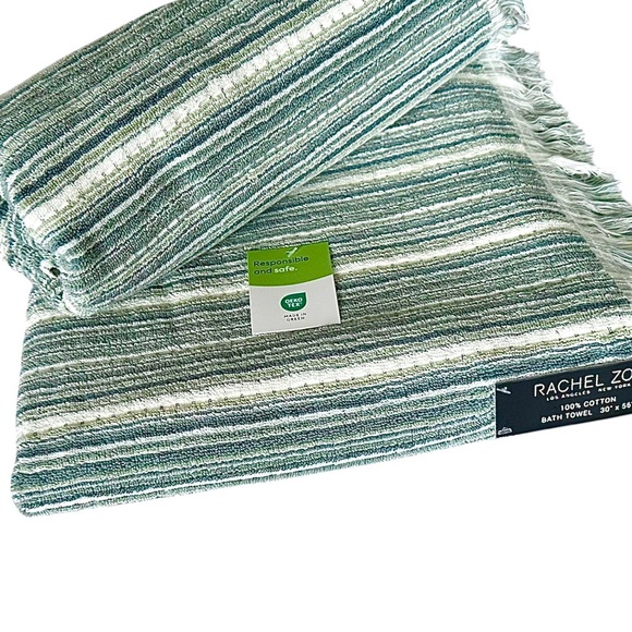 Rachel Zoe 2 Pc Cotton Bath Towels Set Grayish/ Blue & Ivory Stripes W/ Fringe - Picture 5 of 9